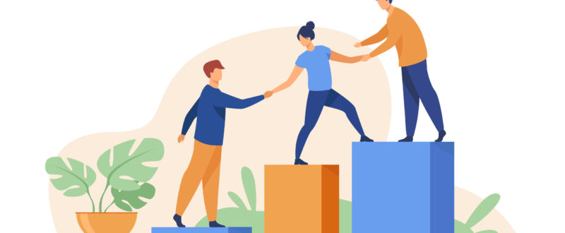Employees giving hands and helping colleagues to walk upstairs. Team giving support, growing together. Vector illustration for teamwork, mentorship, cooperation concept